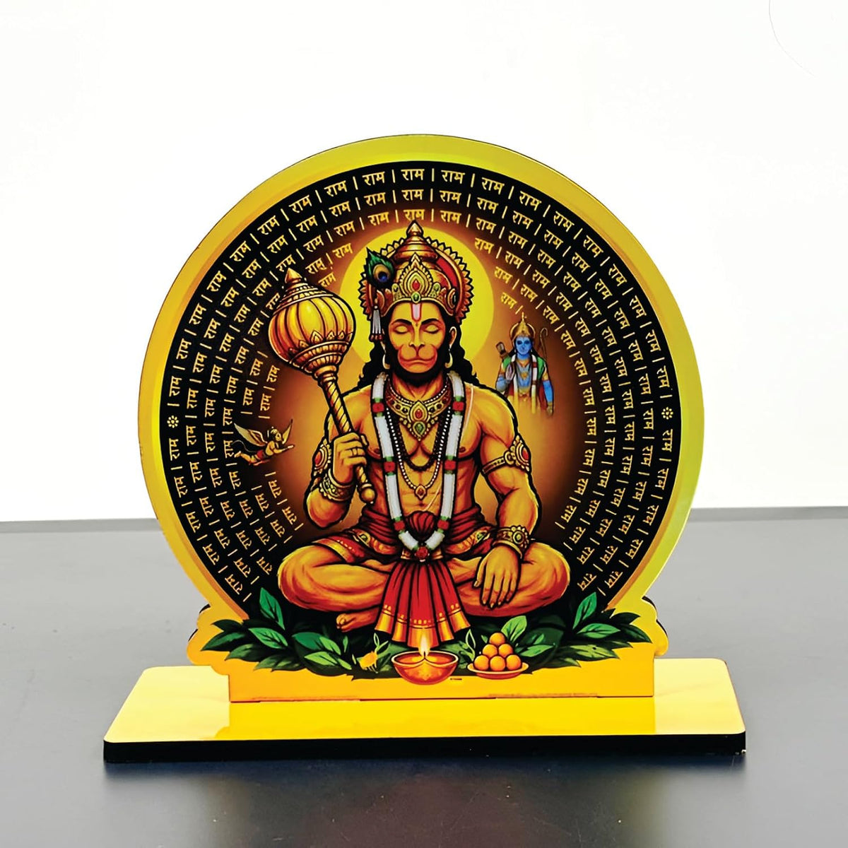 Wooden Hanuman Ji with Circular Design| Spiritual Tabletop Showpiece for Home, Office Desk, Temple, Living Room Decor, Religious Gift Item (5.6 x 6 Inch)