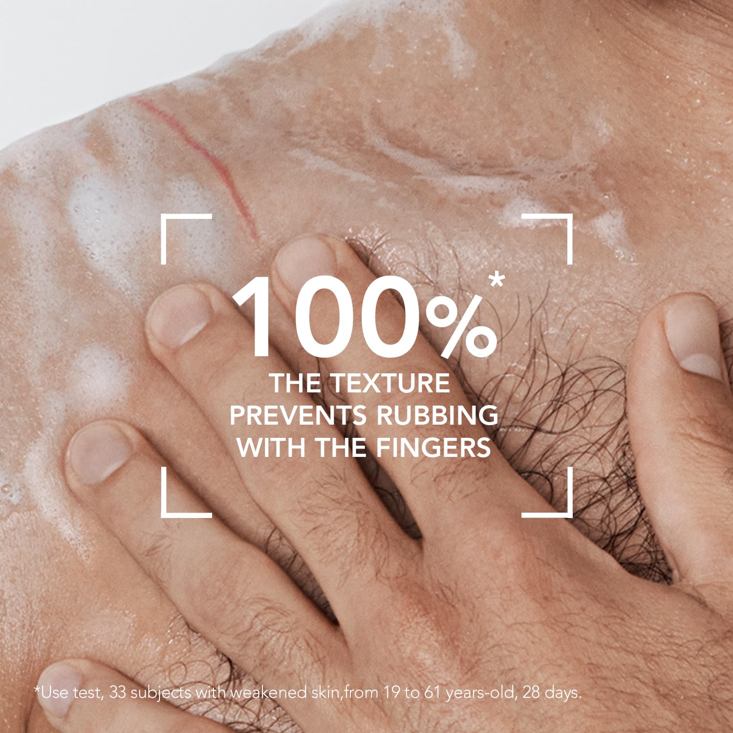Close-up of skin texture with hands pressing against it, emphasizing the product's effectiveness.