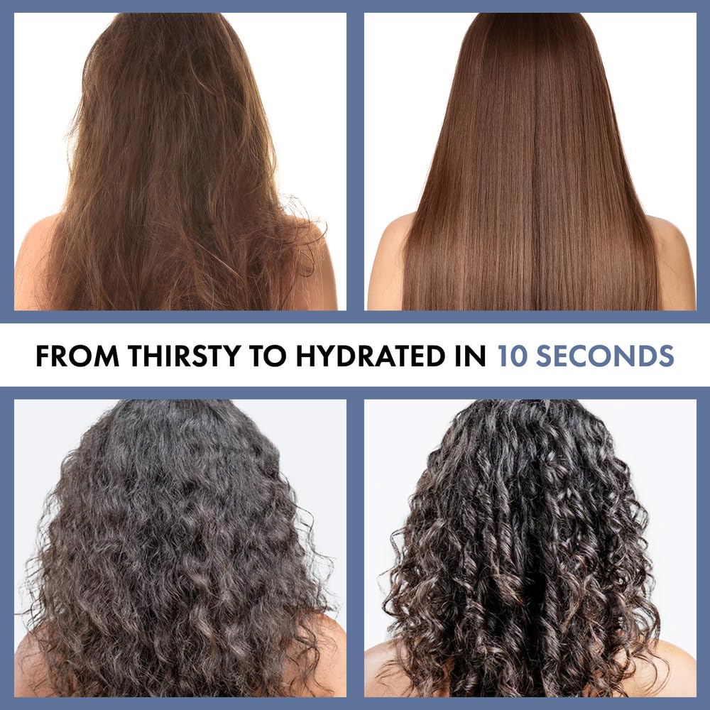 Before and after comparison of hair hydration with text 'From Thirsty to Hydrated in 10 Seconds'.