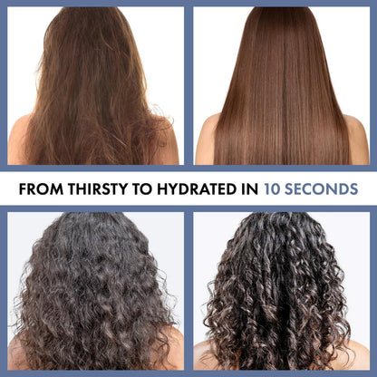 Before and after comparison of hair hydration with text 'From Thirsty to Hydrated in 10 Seconds'.