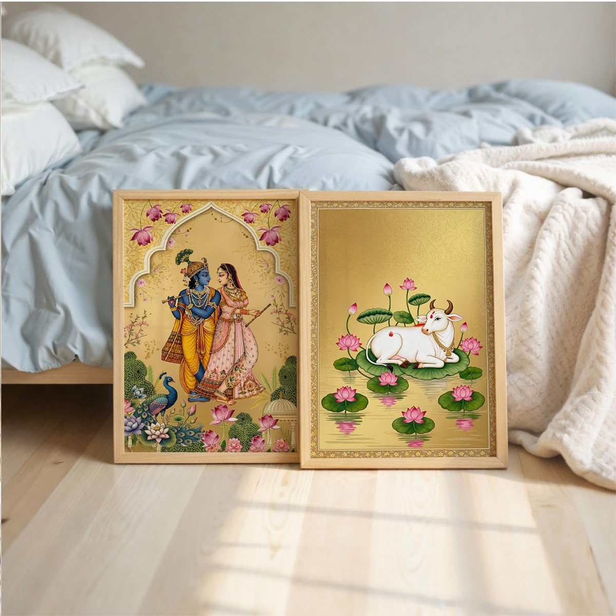 Pichwai Radha Krishna Nandi Cow Gold Wall Art Painting | Set of 2 Framed Paintings | Traditional Indian Decor for Living Room Pooja Room Bedroom | (ART 8, 13x19 INCHES)
