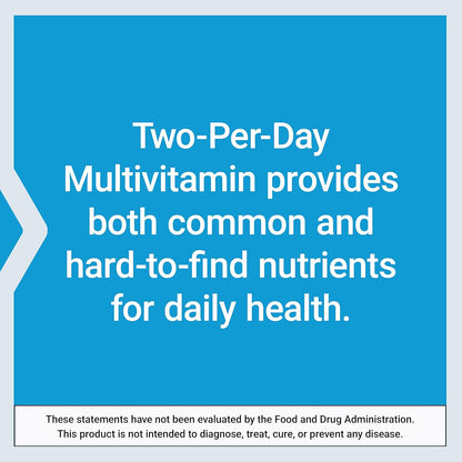 Text on a blue background about a Two-Per-Day Multivitamin providing nutrients for daily health.