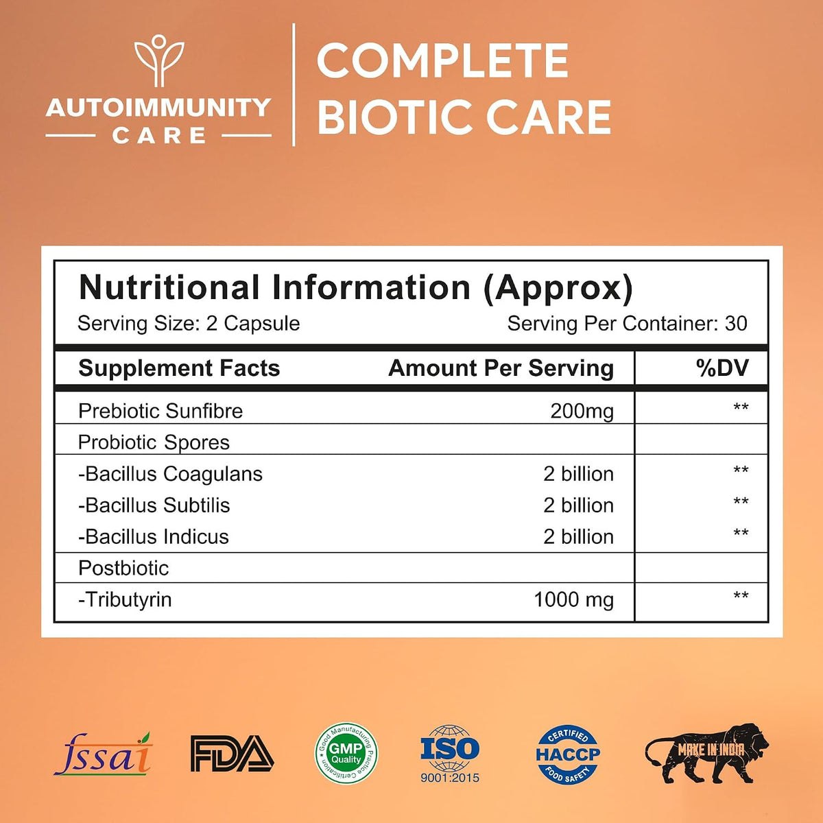 Autoimmunity Care Complete Biotic Care – 3-in-1 Pre Pro & Post Biotic Supplement | Prebiotics + Probiotics Supplement with Postbiotics, for Women & Men | Digestion Improve Supplement, Gut & Immunity | 60 Caps (30 dose)