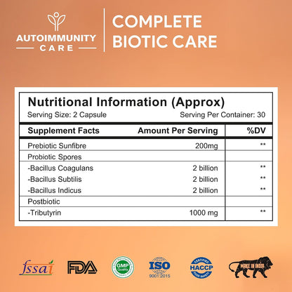 Autoimmunity Care Complete Biotic Care – 3-in-1 Pre Pro & Post Biotic Supplement | Prebiotics + Probiotics Supplement with Postbiotics, for Women & Men | Digestion Improve Supplement, Gut & Immunity | 60 Caps (30 dose)