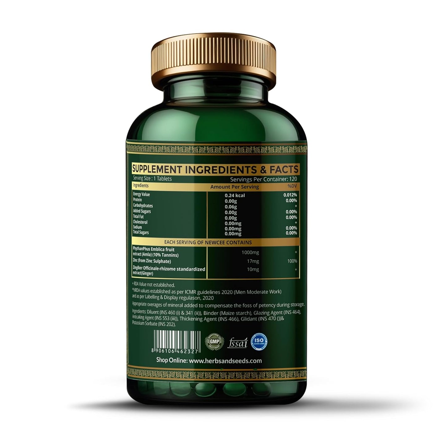 Green supplement bottle with gold cap on a white background