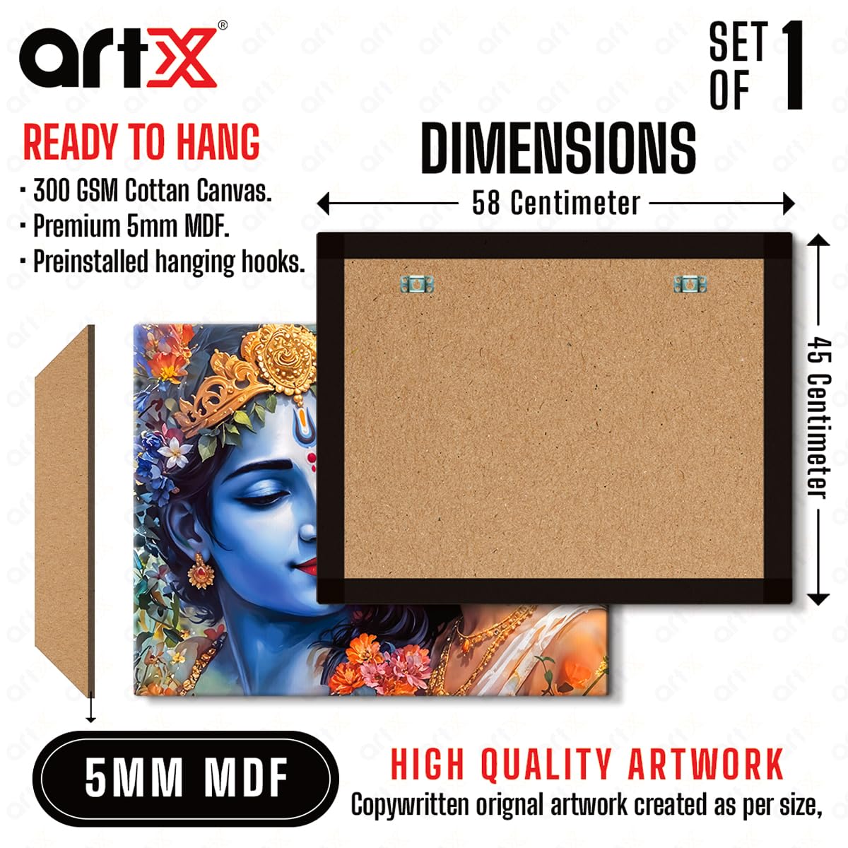 Canvas Radha Krishna Wall Painting, Big Size Wall Art Painting For Living Room, Bedroom, Multicolor, Abstract, 58.0 X 45.0 cm, Set of 1
