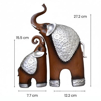 Thai Style Elephant Figurines Mother & Child Elephant Fengshui Resin Sculptures for Home Decor Ornament - (Set of 2, Brown)