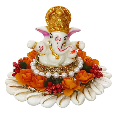 Polyresin Lord Ganesha Idol On Shells and Orange Floral Decorative Handcrafted Plate - Exquisite Hindu God Statue for Home, Temple, Office, Car Dashboard - Gift for Housewarming, Birthday