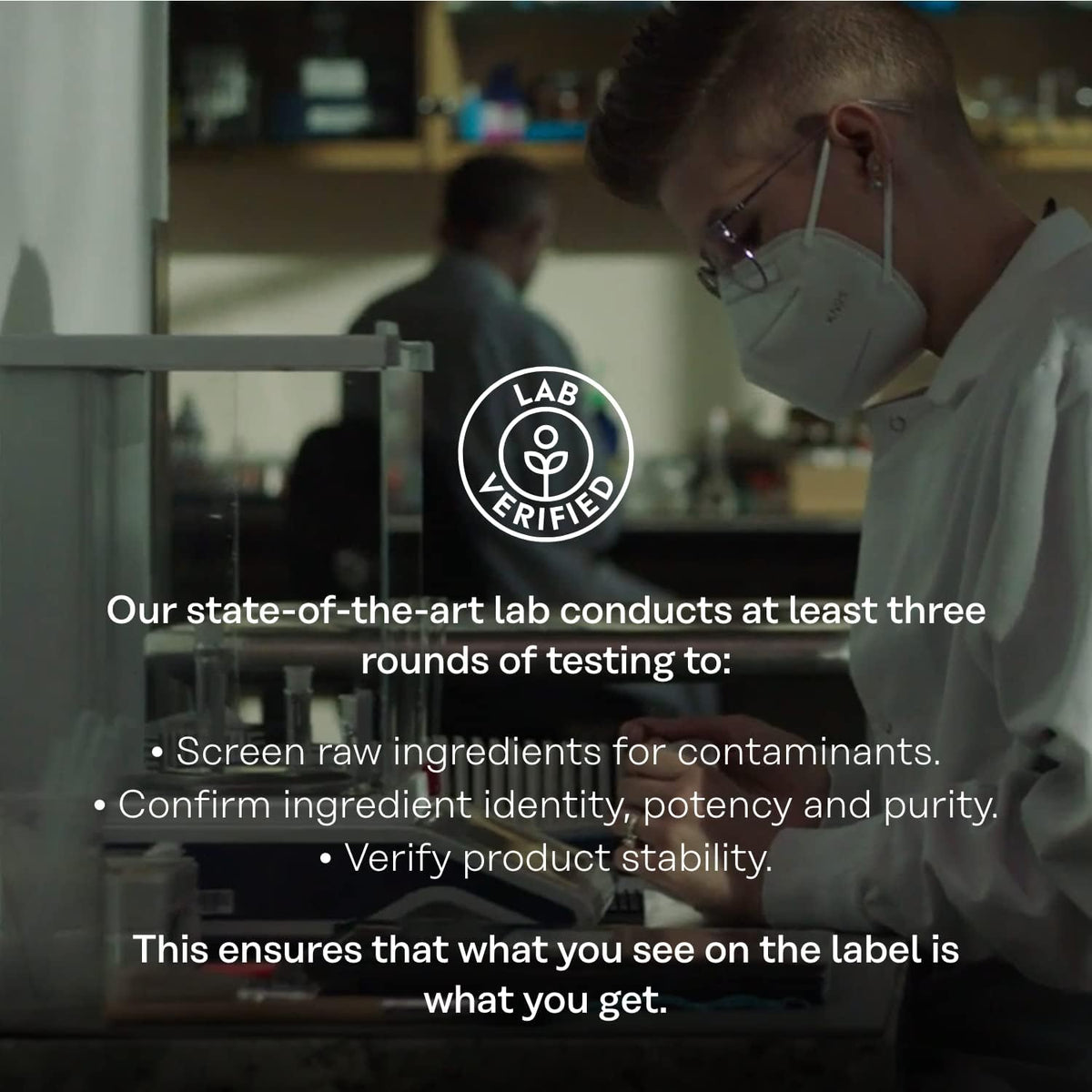 Person in a lab setting with text about lab testing processes.