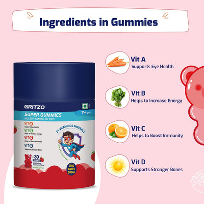 Gritzo Super Gummies Multivitamin (7+y Kids) (Strawberry Flavour, 30 Gummies) | Zero Added Sugar, 21 Vitamins & Minerals