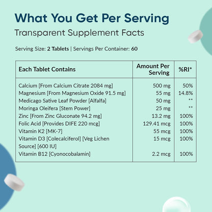 Supplement facts table with detailed nutritional information on a light blue background