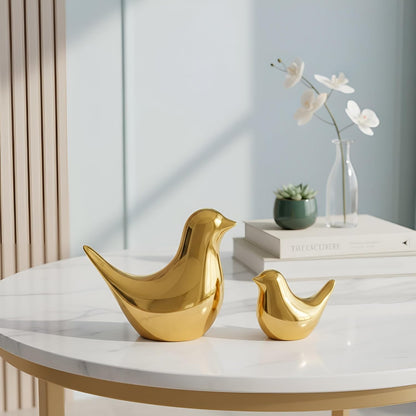 Ceramic Golden Blessing Birds Figurine for Home Decor | Living Room, Bedroom, Office Desk, Cabinets - (Pack of 2, Golden)