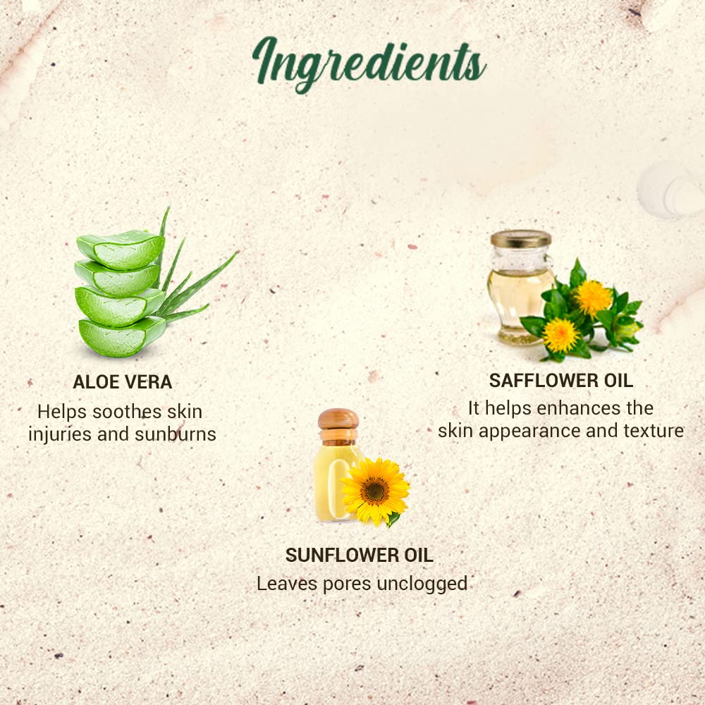 Ingredients of a skincare product with aloe vera, safflower oil, and sunflower oil on a textured beige background.