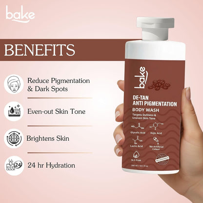 BAKE De-Tan Anti Pigmentation Coffee Body Wash with Kojic Acid, Glycolic Acid, Lactic Acid for Dark Spots, Pigmentation, Tanning & Tan Removal | For Men & Women | 300ml