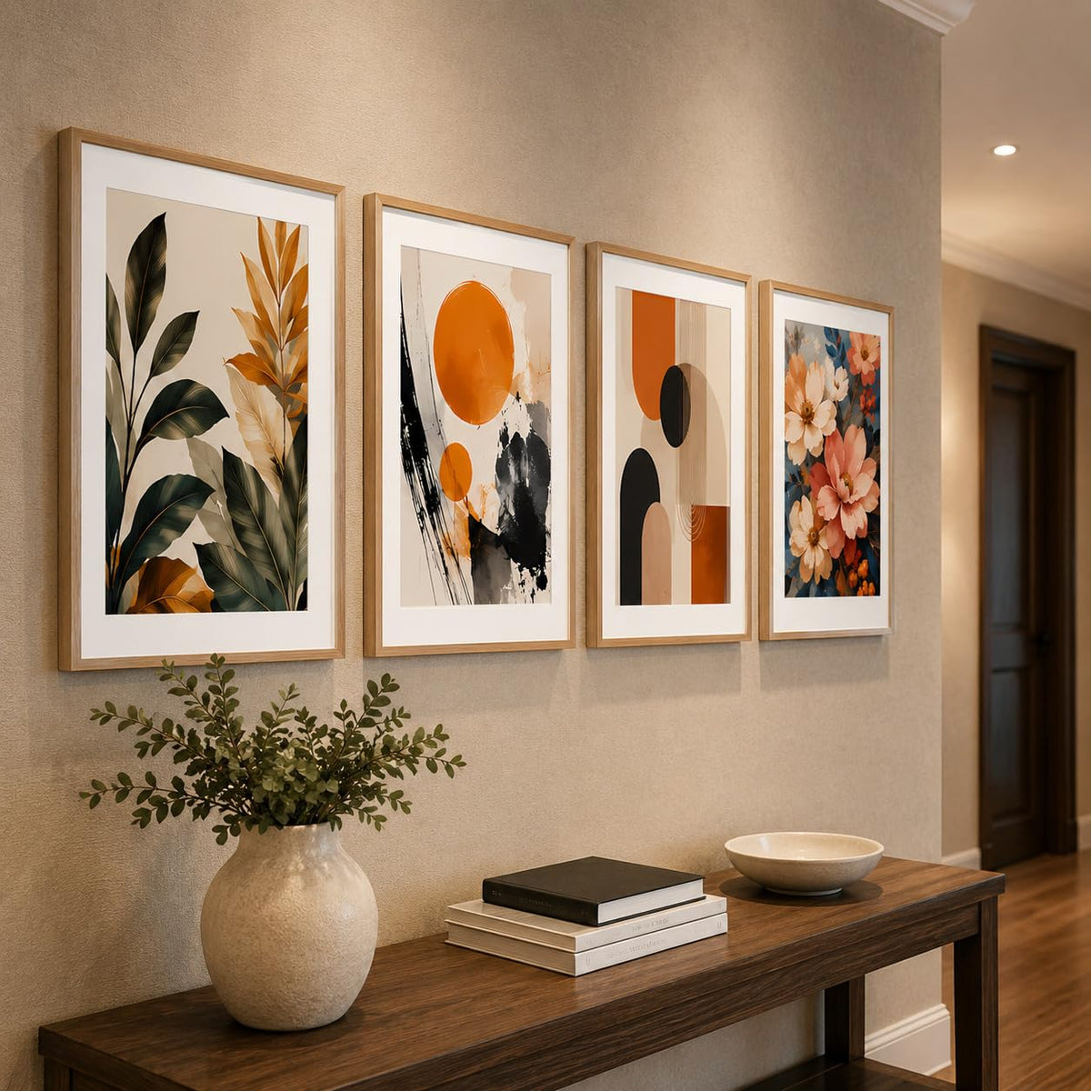 Set of 4 Botanical Floral & Geometric Abstract Wall Paintings with Sparkle Laminate and Premium Wooden Synthetic Frame for Living Room Bedroom Office Decor (13.5 x 19.5 Inch)