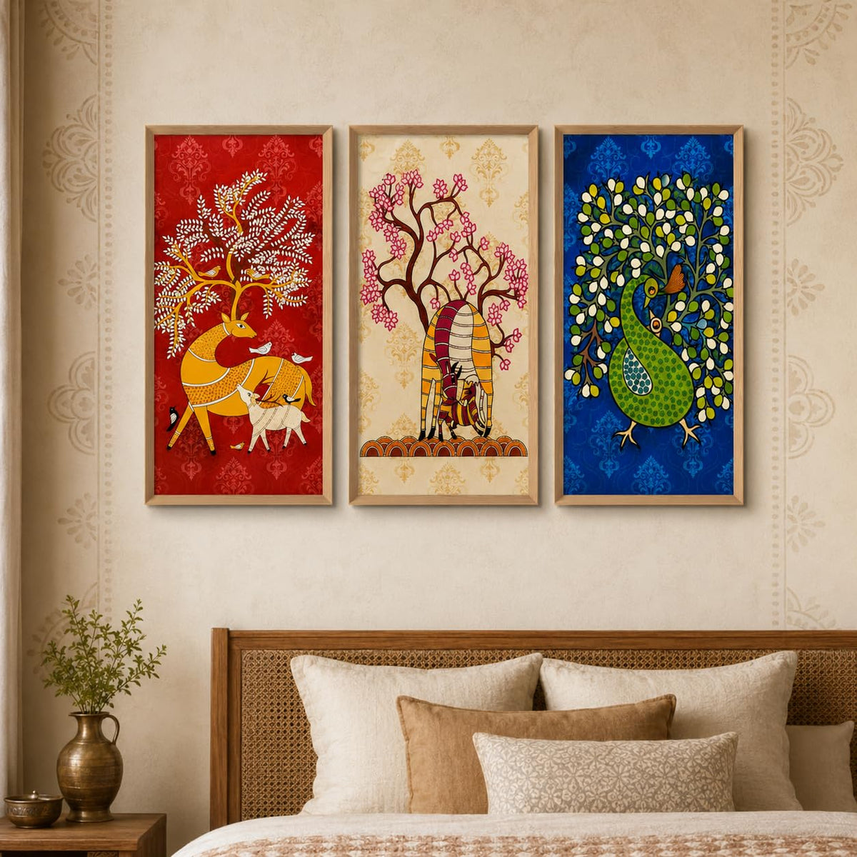 Set of 3 Folk Animal Tree Wall Paintings with Sparkle Laminate, Premium Wooden Synthetic Frame, Deer Elephant Peacock Art for Living Room Bedroom Decor
