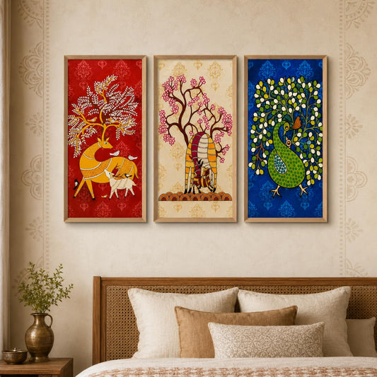 Set of 3 Folk Animal Tree Wall Paintings with Sparkle Laminate, Premium Wooden Synthetic Frame, Deer Elephant Peacock Art for Living Room Bedroom Decor