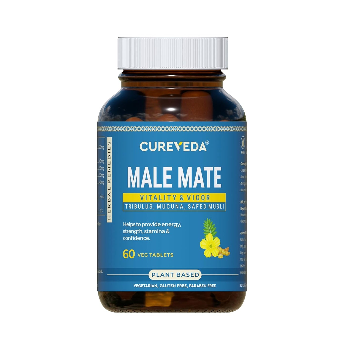 Bottle of Cureveda Male Mate supplement on a white background