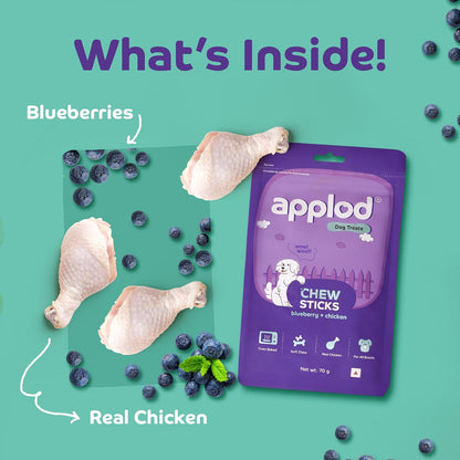 Applod Blueberry & Chicken Chew Sticks for Puppies & Adult Dogs | Soft & Chewy Training Treats for All Breeds | Healthy Easy-to-Chew Dog Snacks | 70g