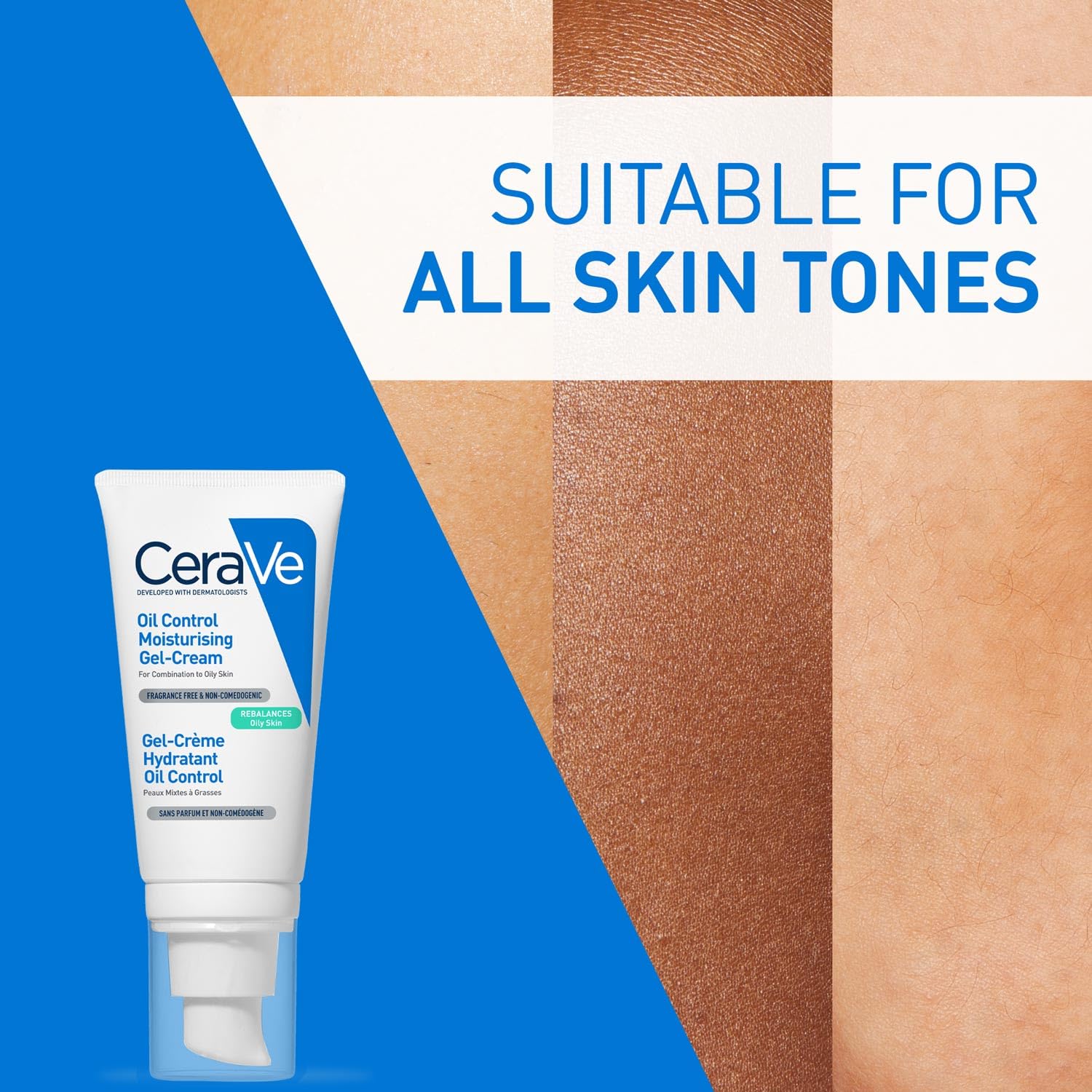 CeraVe oil control moisturizing gel-cream with skin tone swatches and text 'Suitable for all skin tones' on a blue and beige background.