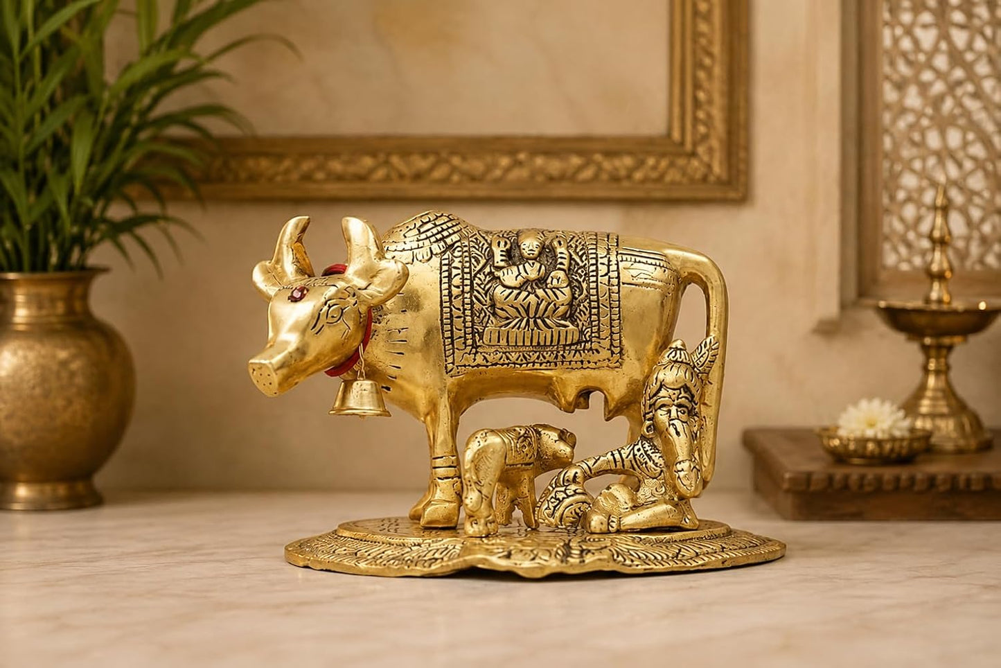 KridayKraft Kamdhenu Cow with Calf & Bal Gopal Krishna Idol, 19 cm Metal Gau MATA Statue for Home Mandir, Pooja Room, Vastu & Religious Gifting, Antique Gold Finish, 910 g