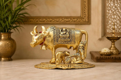 KridayKraft Kamdhenu Cow with Calf & Bal Gopal Krishna Idol, 19 cm Metal Gau MATA Statue for Home Mandir, Pooja Room, Vastu & Religious Gifting, Antique Gold Finish, 910 g
