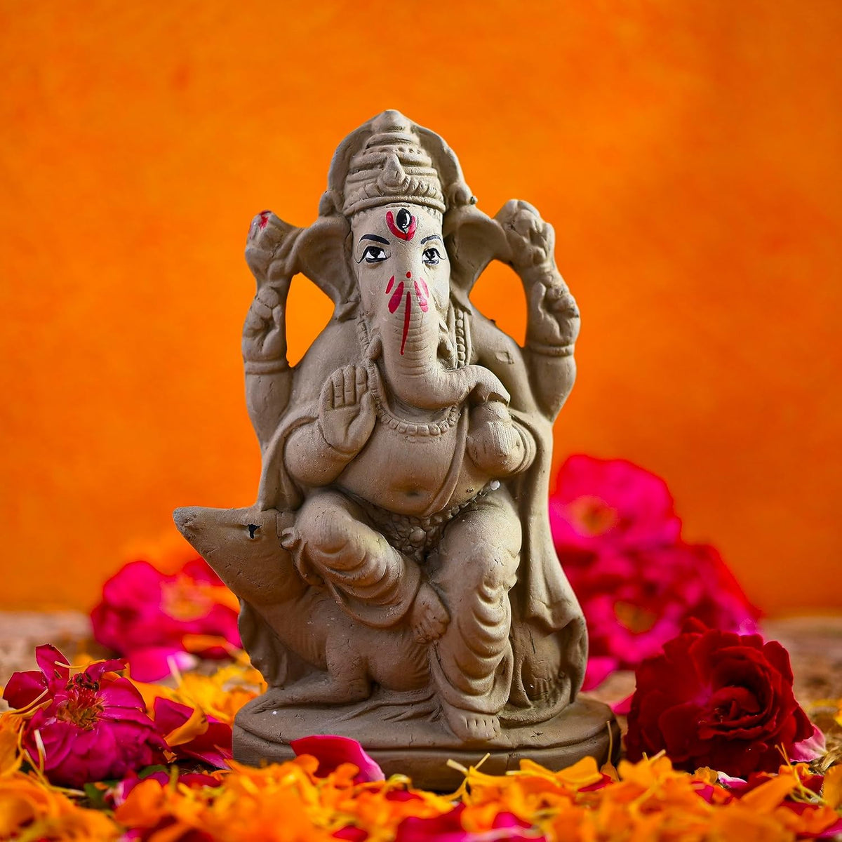 SAUDEEP INDIA 6 Inch Mitti Ganesh Idol | Eco-Friendly Handcrafted Mud/Clay Ganesh Murti | Ganpati Figurine for Visarjan | Biodegradable Lotus Ganesha Statue | Ganesh Chaturthi (Mushak Ganesha)