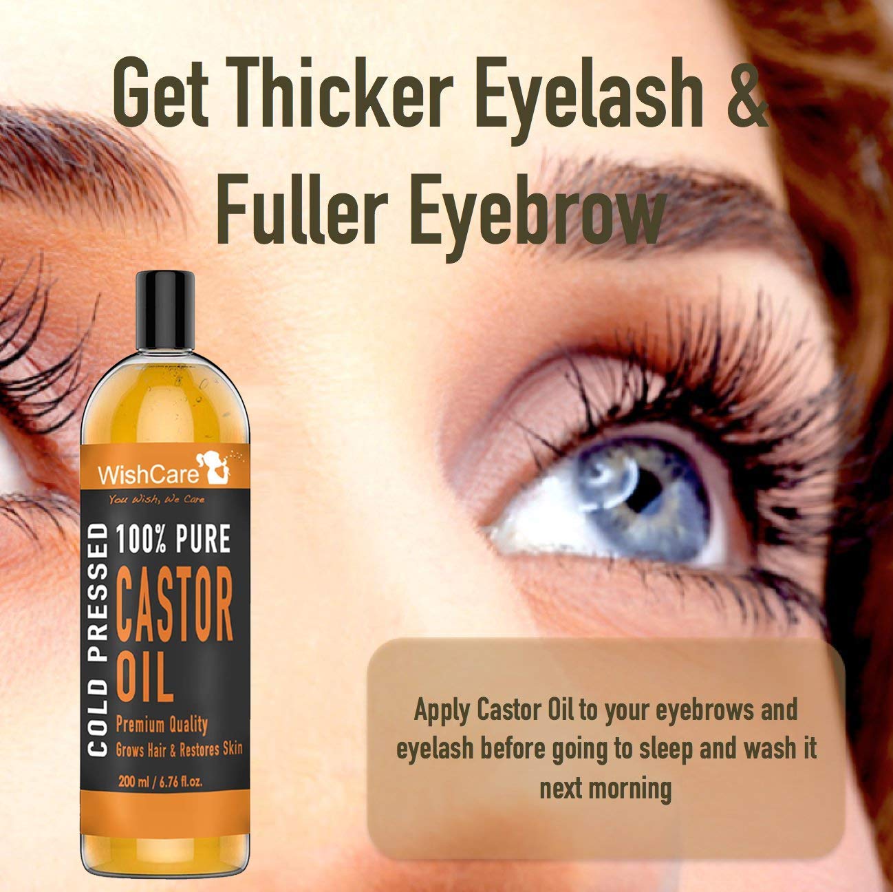 WishCare castor oil bottle with an eye and eyelashes in the background, promoting thicker eyelashes and fuller eyebrows.