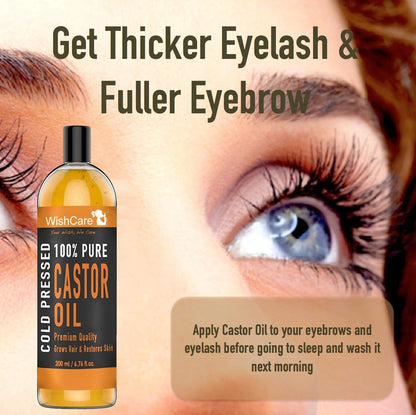 WishCare castor oil bottle with an eye and eyelashes in the background, promoting thicker eyelashes and fuller eyebrows.