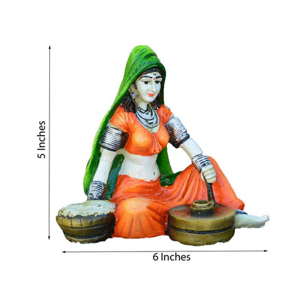 Rajasthani Lady Using Flour Machine Polyresin Statue (15 cm x 12.5 cm x 12.5 cm, Orange and Red)