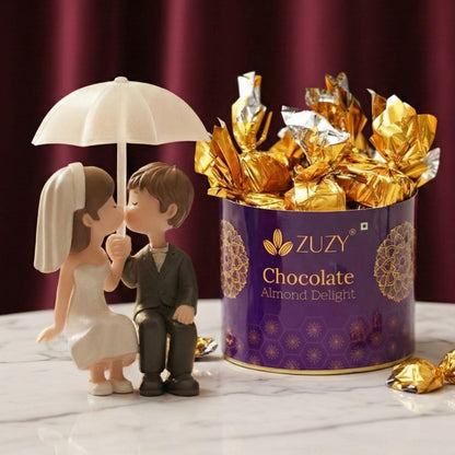 eCraftIndia Romantic Couple Statue Under Umbrella Showpiece | Zuzy Almond Chocolates Gift Box | Valentine Gift for Girlfriend Boyfriend Husband Wife Her Him | Valentine Decoration Items