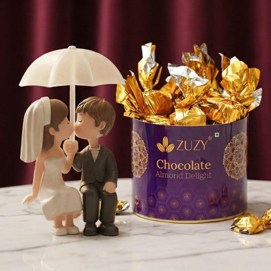 eCraftIndia Romantic Couple Statue Under Umbrella Showpiece | Zuzy Almond Chocolates Gift Box | Valentine Gift for Girlfriend Boyfriend Husband Wife Her Him | Valentine Decoration Items