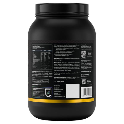 Black protein powder container with label on a white background