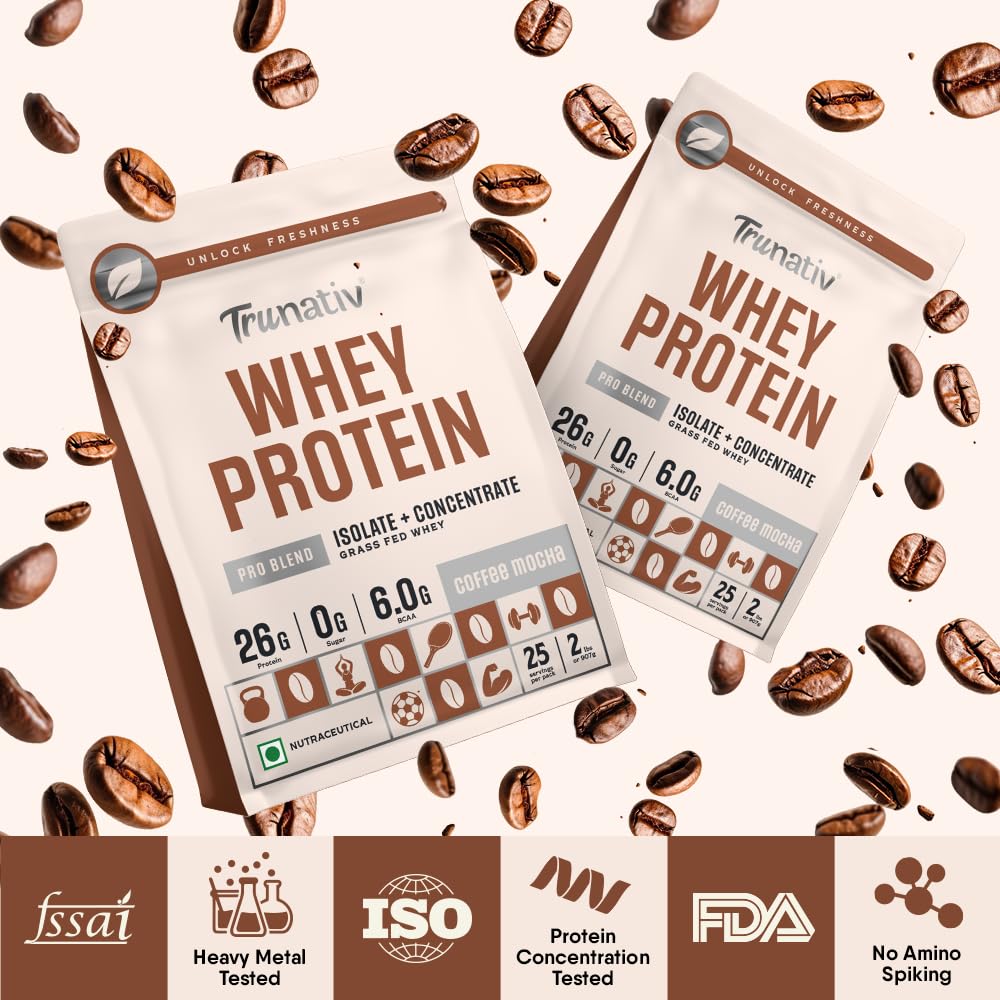 Trunativ Pro Blend Whey Protein Powder Isolate & Concentrate | 100% Light & Clean Protein Powder | 26g Protein | 6g BCAA | 12.52g EAA | No added sugar | Coffee Mocha 2lbs (907g)