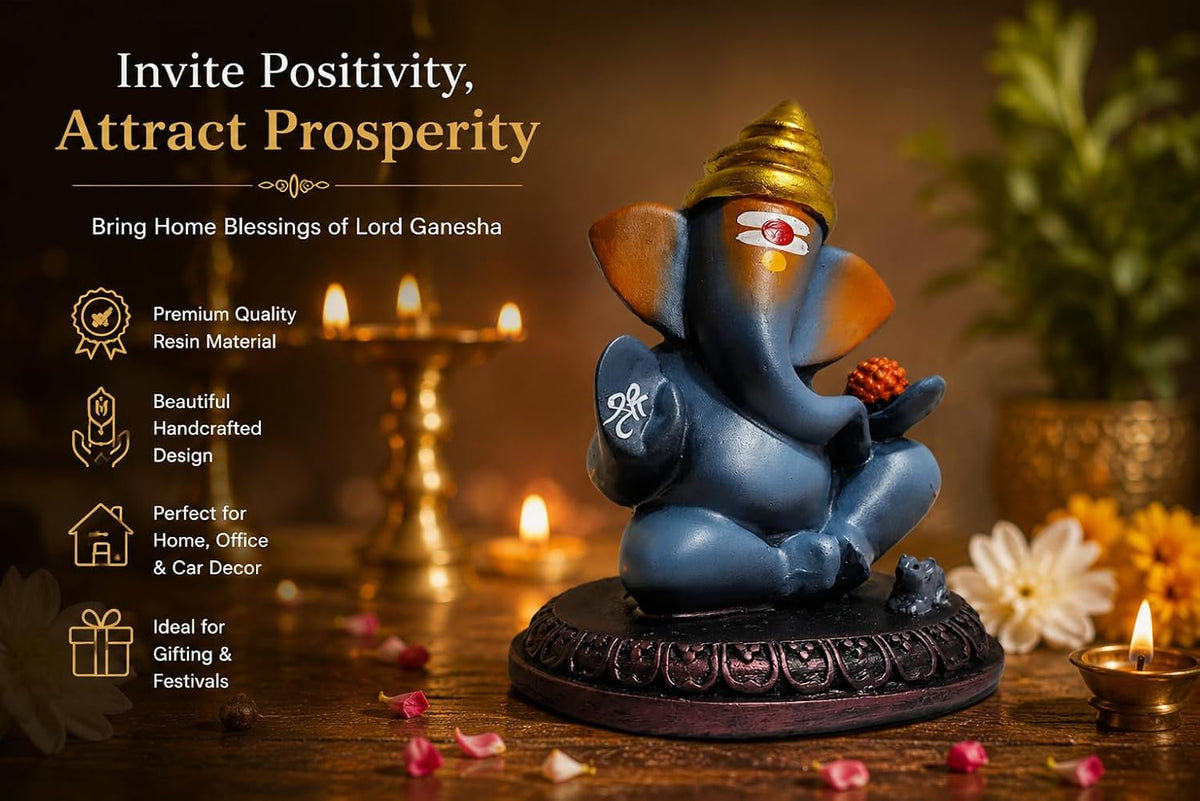 Lord Ganesha Idol with Mouse | 4 Inch Matt Finish Resin Murti | Solid Grey | for Home, Office, Car Dashboard & Gifting