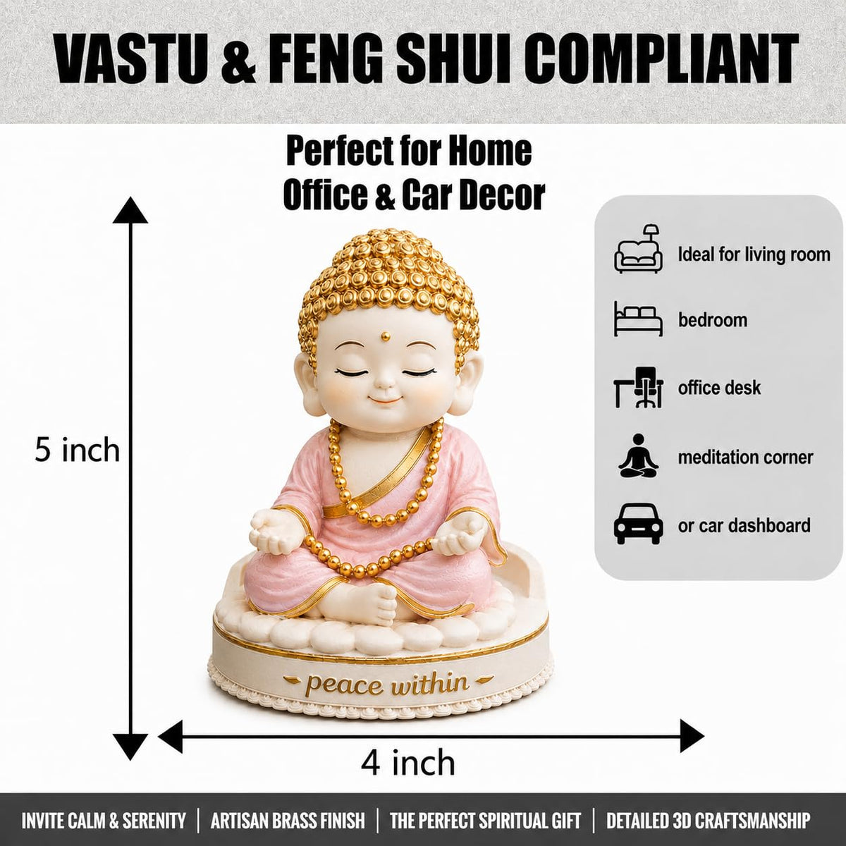 Buddha Idol for Home Decor | 5 Inch Pink & Gold Buddha Statue | Decorative Showpiece for Living Room, Office Table, Meditation Room | Buddha Gift Item