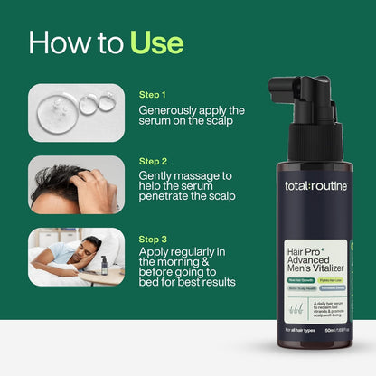 Instructions on how to use a hair serum with a bottle labeled 'total-routine' on a green background.