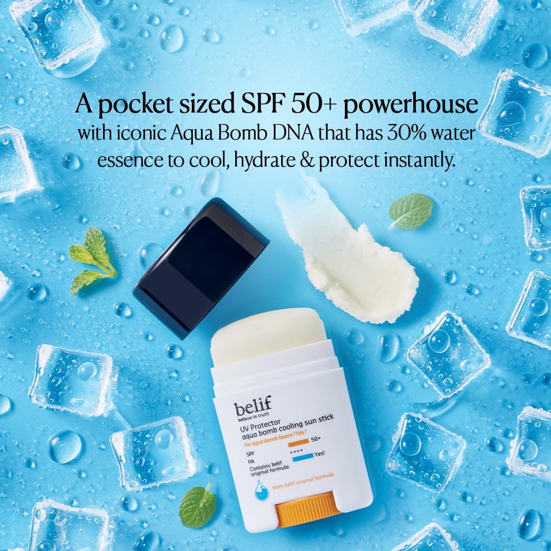 Belif sunscreen stick with ice cubes and water droplets on a blue background