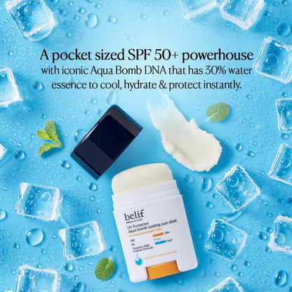 Belif sunscreen stick with ice cubes and water droplets on a blue background