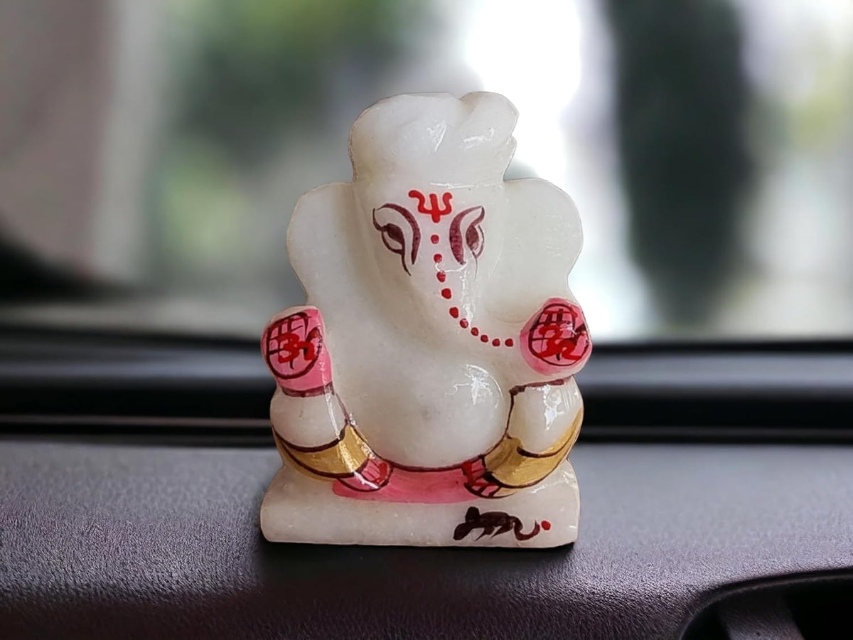 Makrana Marble Ganesha Idol for Car Dashboard | Beautiful Ganesh Murti for Home Temple, Home Main Entrance | Ganpati Figurine Showpiece Sculpture for Office Desk (Marble Ganesh 3 Inch)
