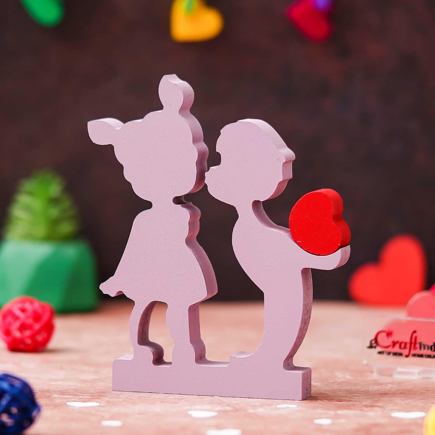 eCraftIndia Valentine Gift for Girlfriend Boyfriend | Wooden Boy Kissing Girl Love Heart Romantic Couple Showpiece | Valentine Day Gift for Husband Wife Him Her | Valentine Day Decoration Item