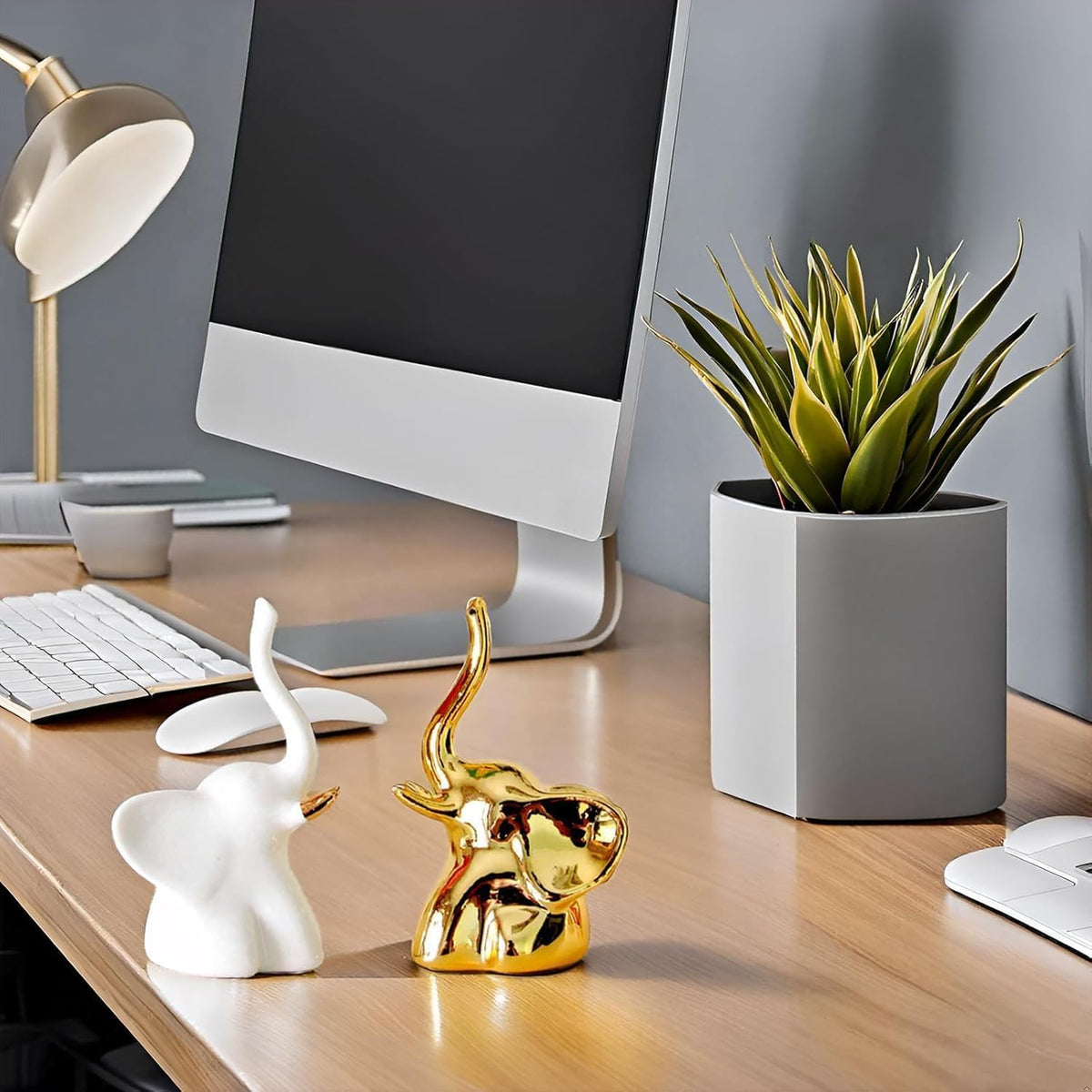 Home Decor Elephant Showpiece Set of 2 | Ceramic Elephant Figurines for Living Room, Bedroom, Office & Table Decor | White & Gold Elephant Statue | Vastu & Feng Shui Good Luck Decorative Gift
