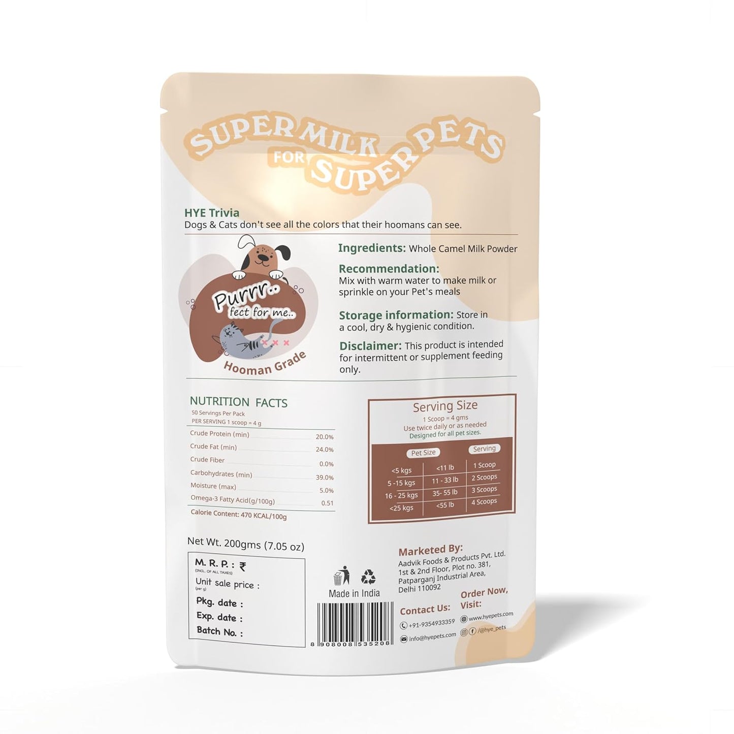 HYE Pets Full Fat Camel Milk Powder for Dogs & Cats | 200g