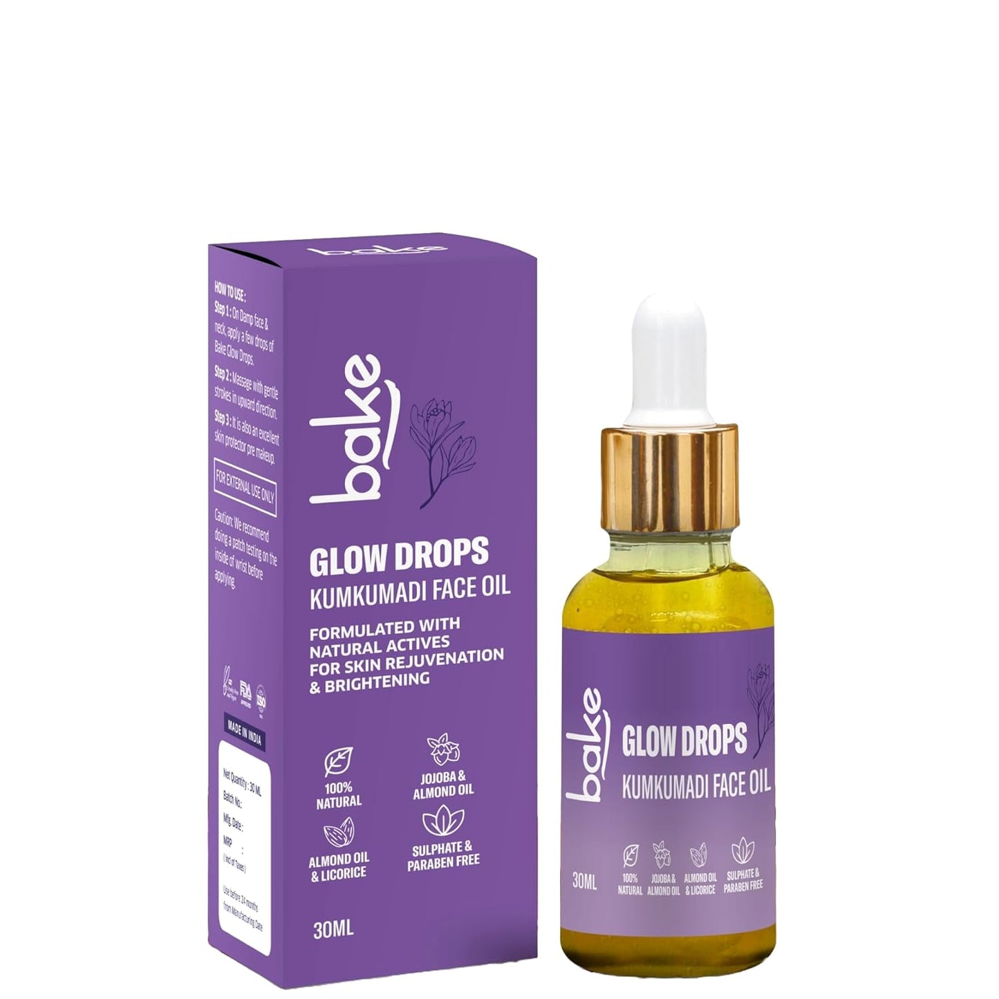 BAKE Kumkumadi Face Oil For Anti Aging, Glowing & Brightening Skin | For Pigmentation, Dark Circles | With Licorice, Saffron, Manjishtha | 30ml