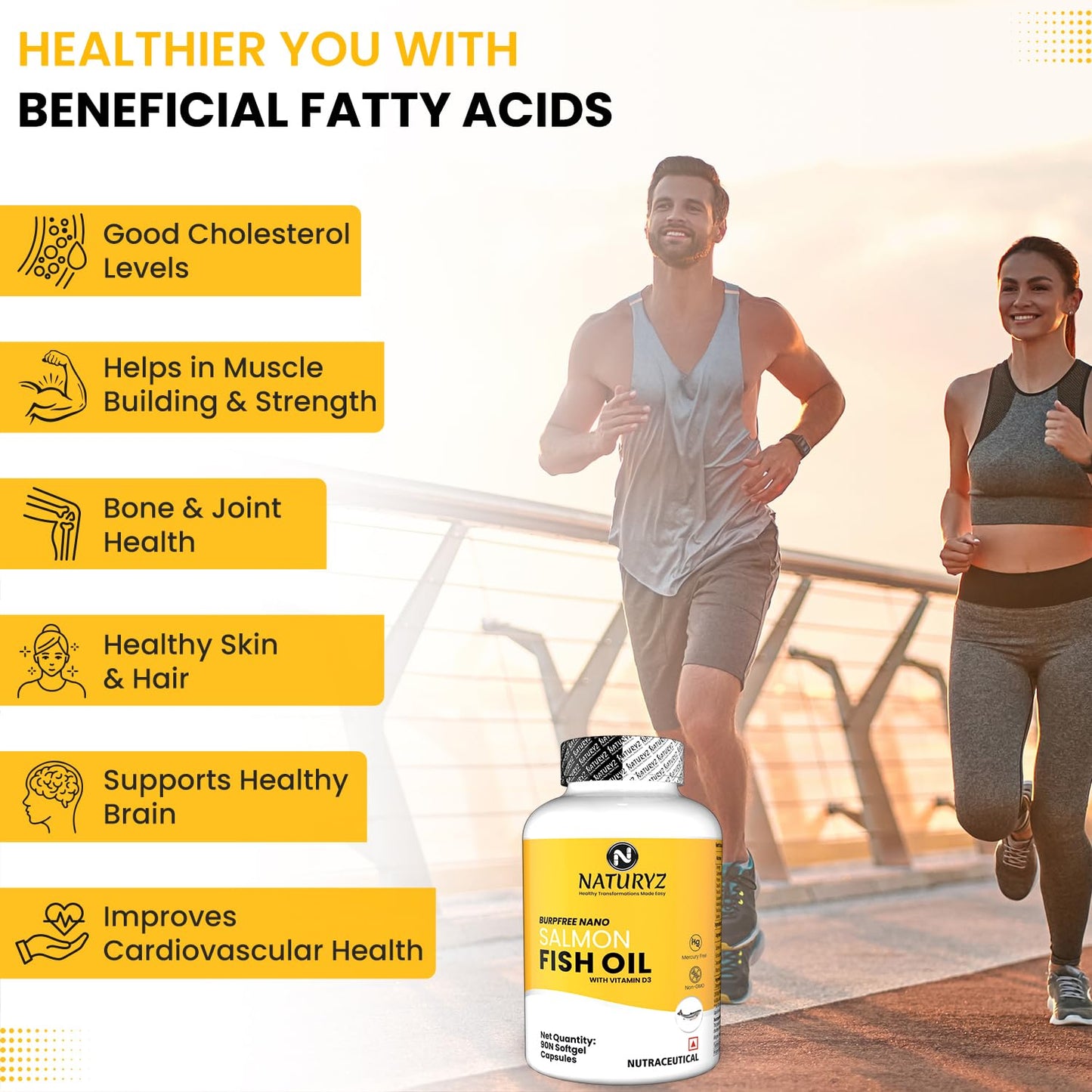 Two people running with a bottle of Naturyz Fish Oil and health benefits listed on a bright background.