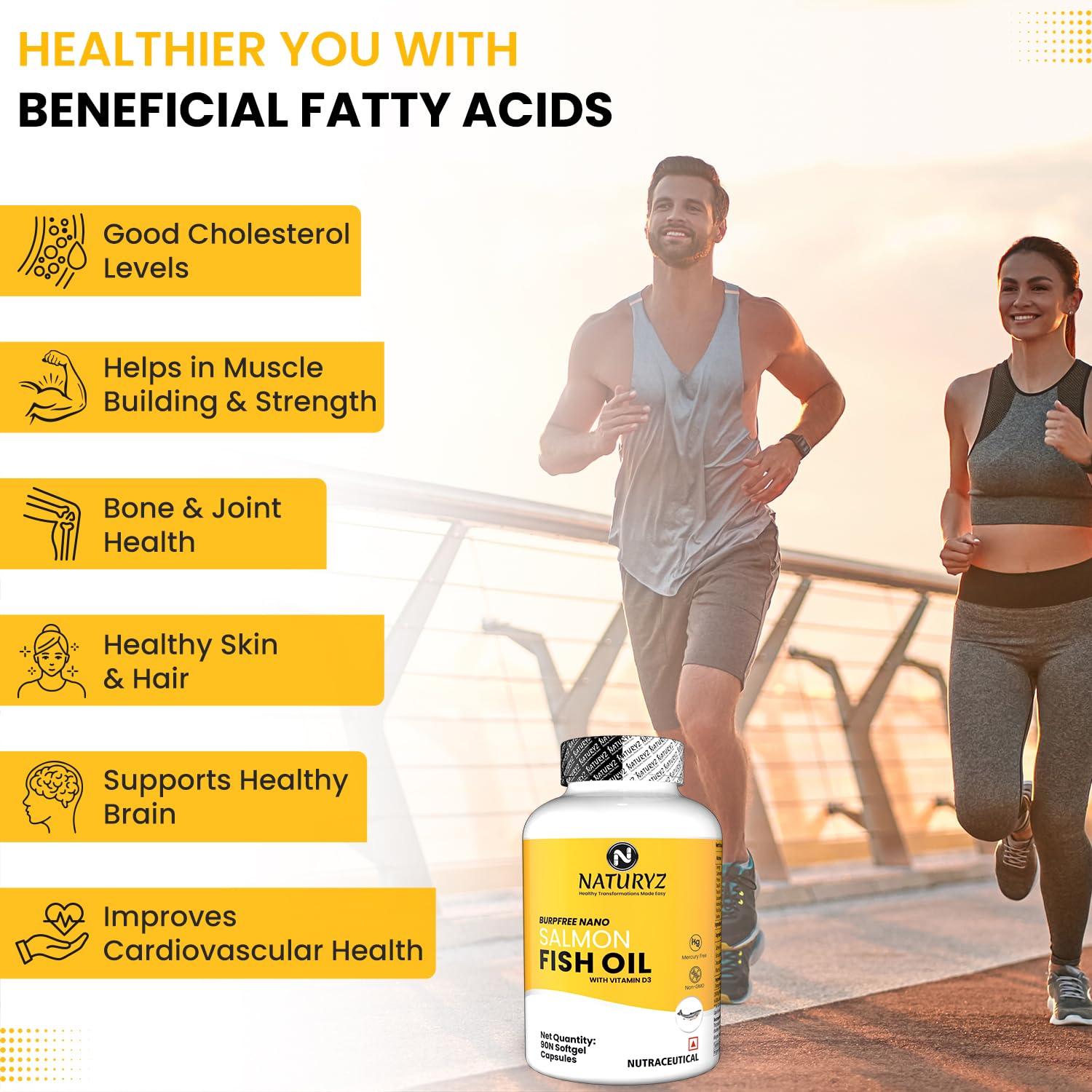 Two people running with a bottle of Naturyz Fish Oil and health benefits listed on a bright background.