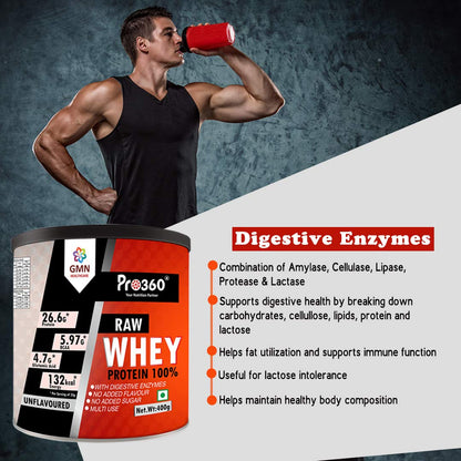Pro360 Raw Whey Protein 100% - Unflavored - 400gm (100% Whey with Digestive Enzymes, 26.6g Protein, 5.97g BCAA, 4.7g Glutamic Acid per Serving)