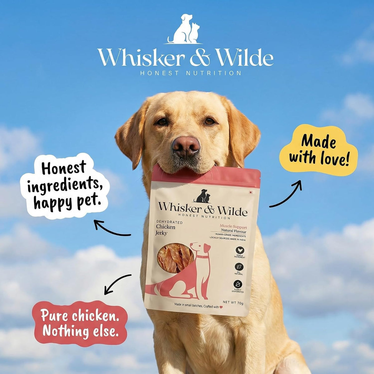 Whisker and Wilde Dehydrated Chicken Jerky | Dog Treats | Training and Reward | Dental Chew | Muscle Support | No Preservatives | 70g (Natural Chicken)