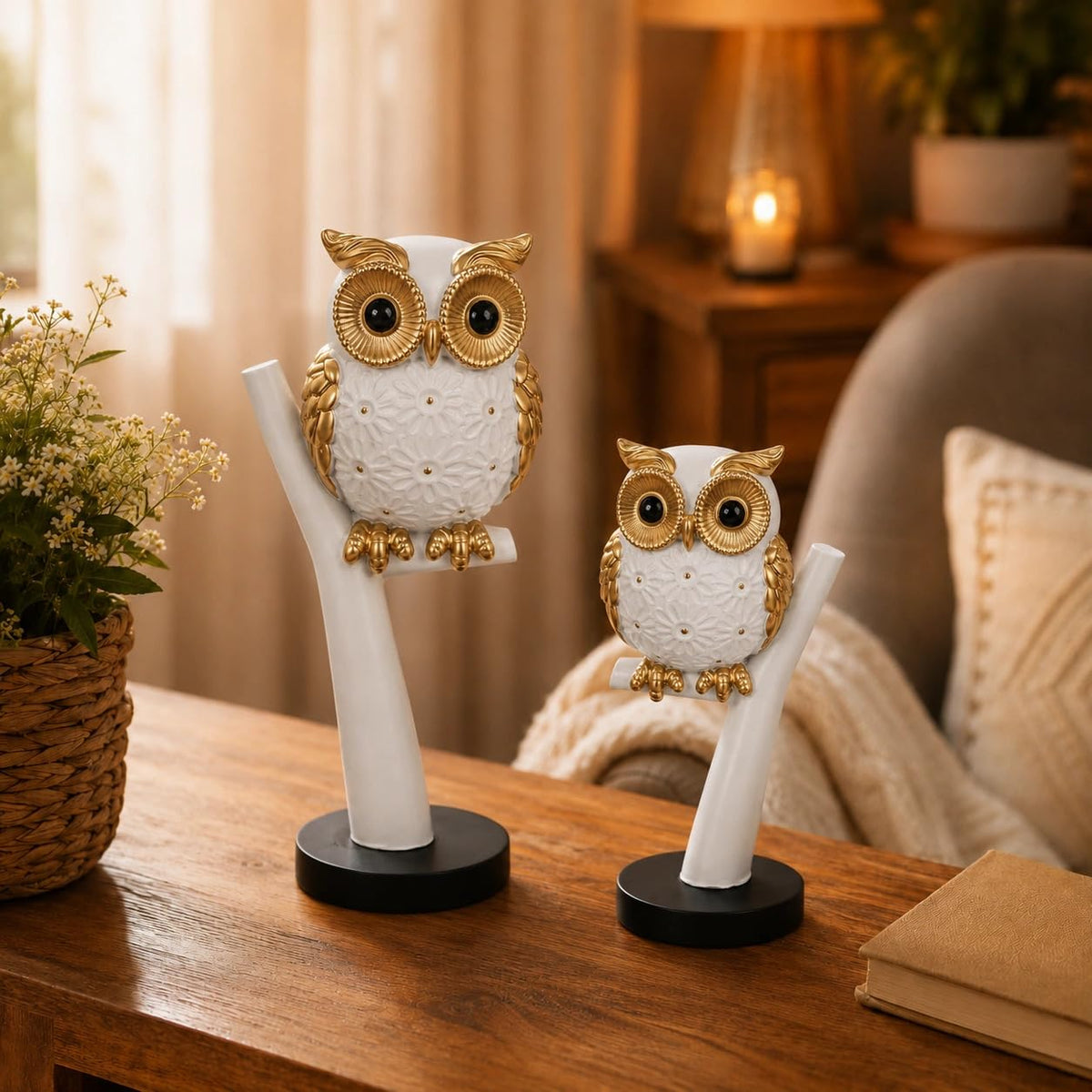 Charming Owl Figurine Set for Home & Office Décor | Handcrafted Modern Showpiece for Living Room, Study, Shelf & Table Styling (White & Gold)