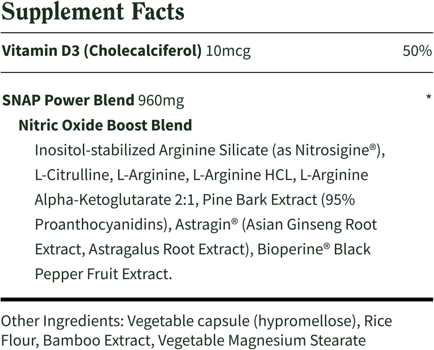 Supplement facts label with detailed ingredient list on a white background